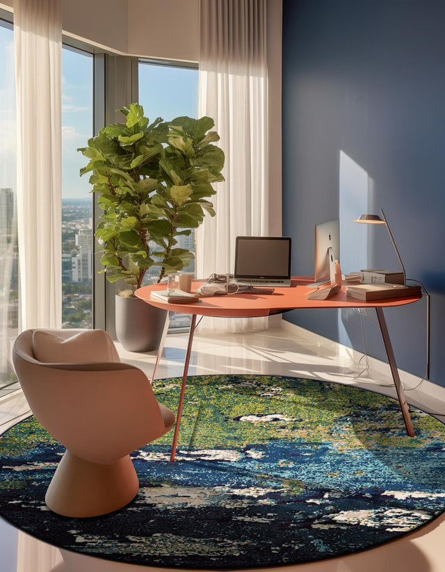 Navy Blue 6' 1 x 6' 1 Estrella Round Area Rug 100% Polypropylene Non-Shedding Stain Resistant Carpet Colorful Modern Abstract Design Easy Clean for Home Decor for Sale at Rug Engine