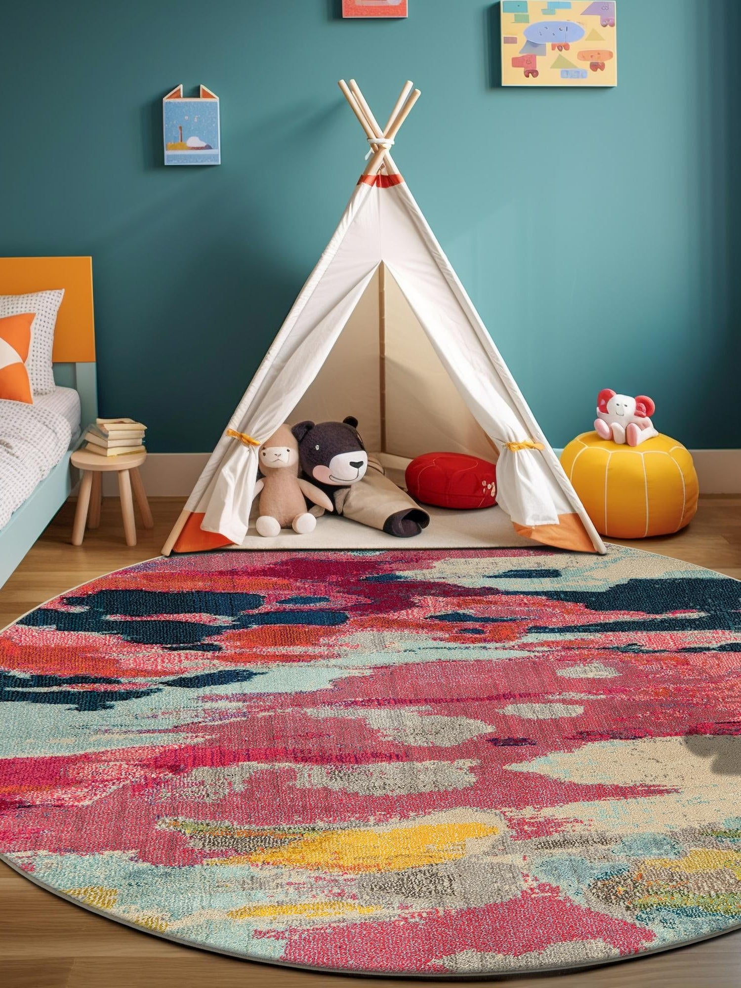 Pink 5' 3 x 5' 3 Estrella Round Area Rug 100% Polypropylene Non-Shedding Stain Resistant Carpet Colorful Modern Abstract Design Easy Clean for Home Decor for Sale at Rug Engine