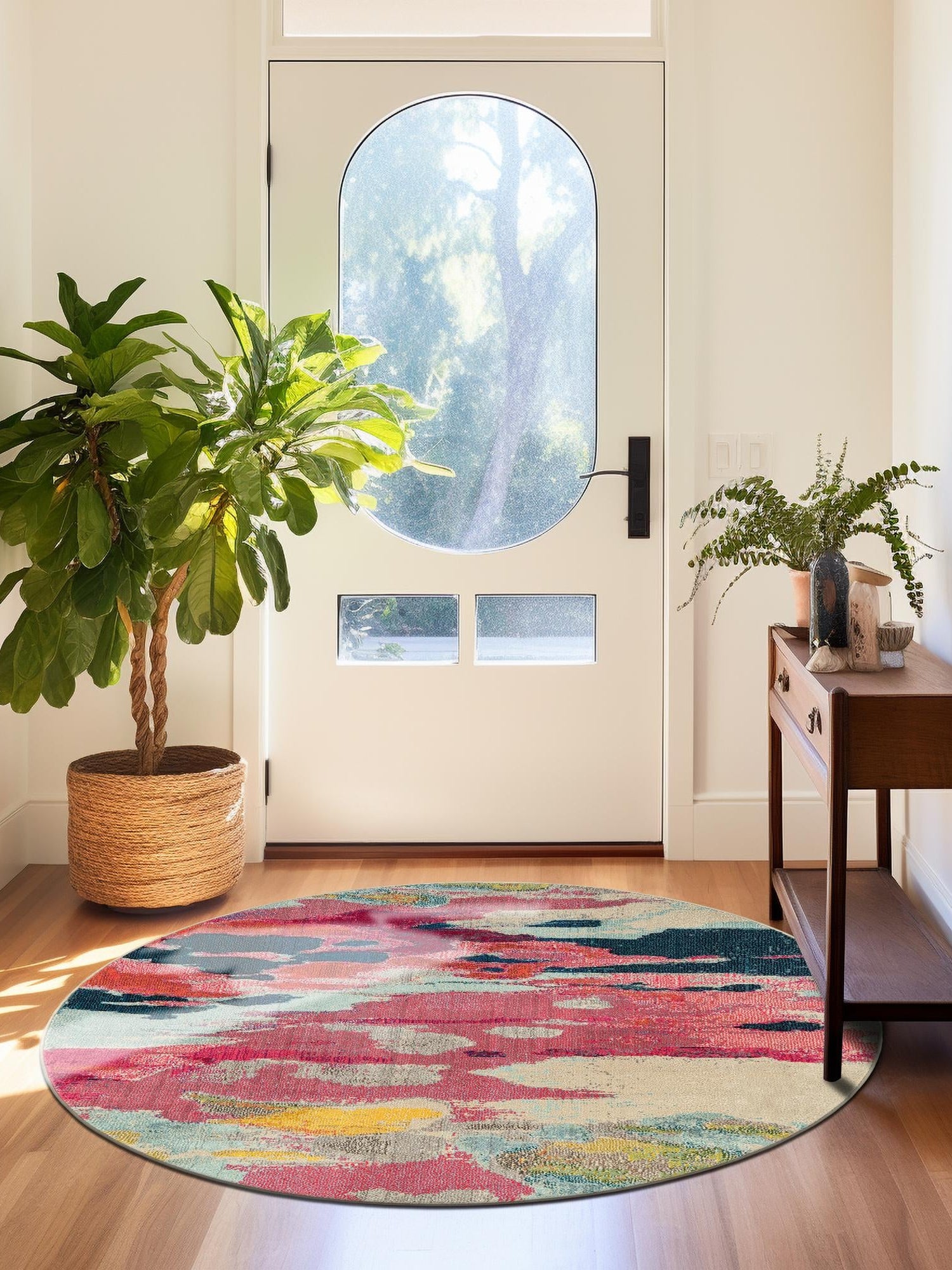 Pink 4' 1 x 4' 1 Estrella Round Area Rug 100% Polypropylene Non-Shedding Stain Resistant Carpet Colorful Modern Abstract Design Easy Clean for Home Decor for Sale at Rug Engine