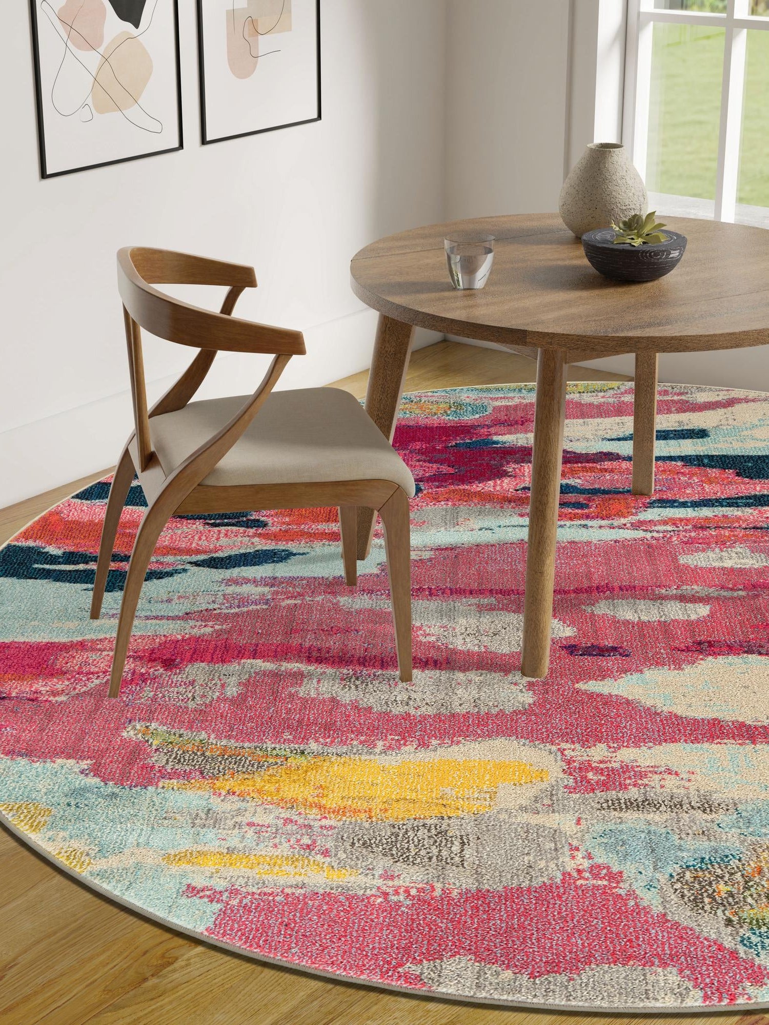 Pink 8' x 8' Estrella Round Area Rug 100% Polypropylene Non-Shedding Stain Resistant Carpet Colorful Modern Abstract Design Easy Clean for Home Decor for Sale at Rug Engine