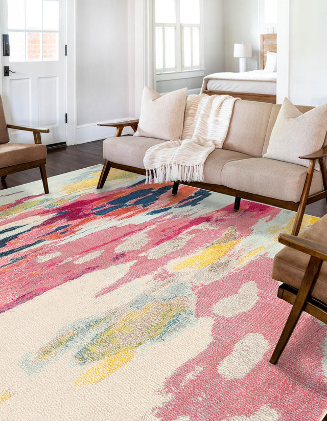 Pink 7' x 10' Estrella Rectangle Area Rug 100% Polypropylene Non-Shedding Stain Resistant Carpet Colorful Modern Abstract Design Easy Clean for Home Decor for Sale at Rug Engine