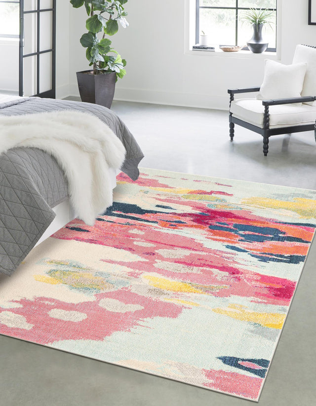 Pink 5' 1 x 8' Estrella Rectangle Area Rug 100% Polypropylene Non-Shedding Stain Resistant Carpet Colorful Modern Abstract Design Easy Clean for Home Decor for Sale at Rug Engine