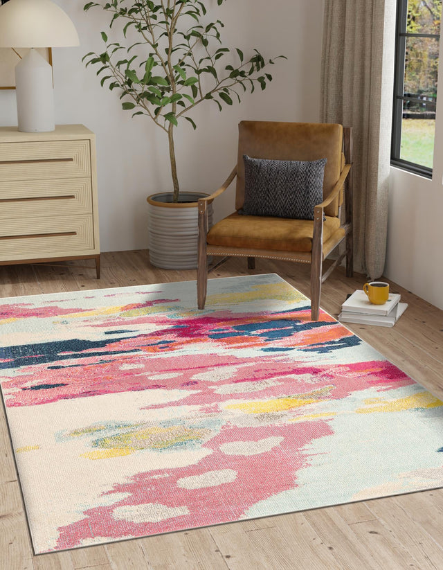 Pink 7' x 10' Estrella Rectangle Area Rug 100% Polypropylene Non-Shedding Stain Resistant Carpet Colorful Modern Abstract Design Easy Clean for Home Decor for Sale at Rug Engine