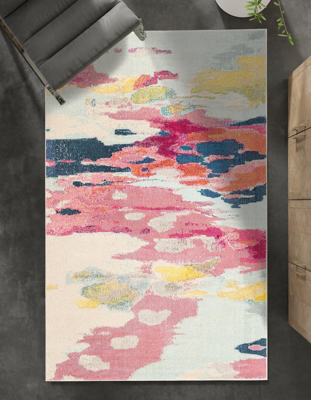 Pink 5' 1 x 8' Estrella Rectangle Area Rug 100% Polypropylene Non-Shedding Stain Resistant Carpet Colorful Modern Abstract Design Easy Clean for Home Decor for Sale at Rug Engine