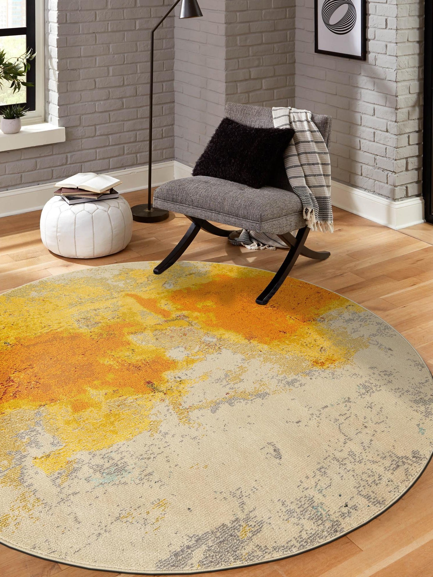 Yellow 8' x 8' Estrella Round Area Rug 100% Polypropylene Non-Shedding Stain Resistant Carpet Colorful Modern Abstract Design Easy Clean for Home Decor for Sale at Rug Engine