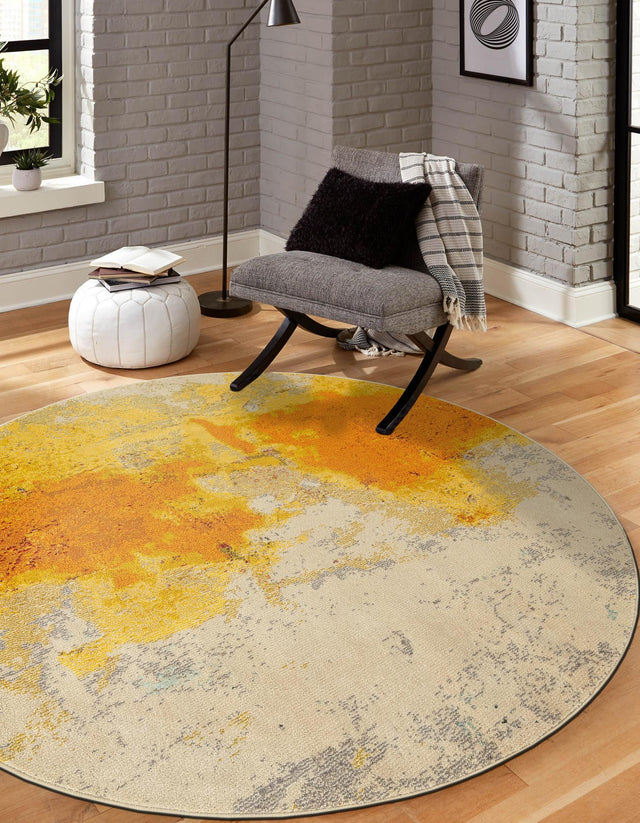 Yellow 8' x 8' Estrella Round Area Rug 100% Polypropylene Non-Shedding Stain Resistant Carpet Colorful Modern Abstract Design Easy Clean for Home Decor for Sale at Rug Engine