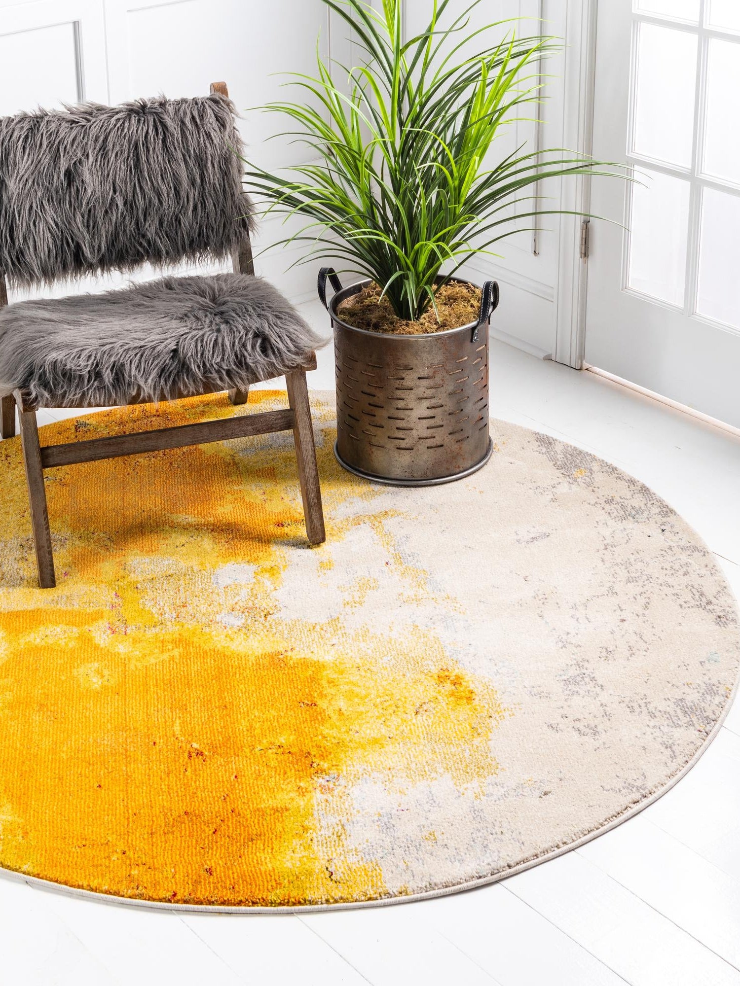 Yellow 8' x 8' Estrella Round Area Rug 100% Polypropylene Non-Shedding Stain Resistant Carpet Colorful Modern Abstract Design Easy Clean for Home Decor for Sale at Rug Engine