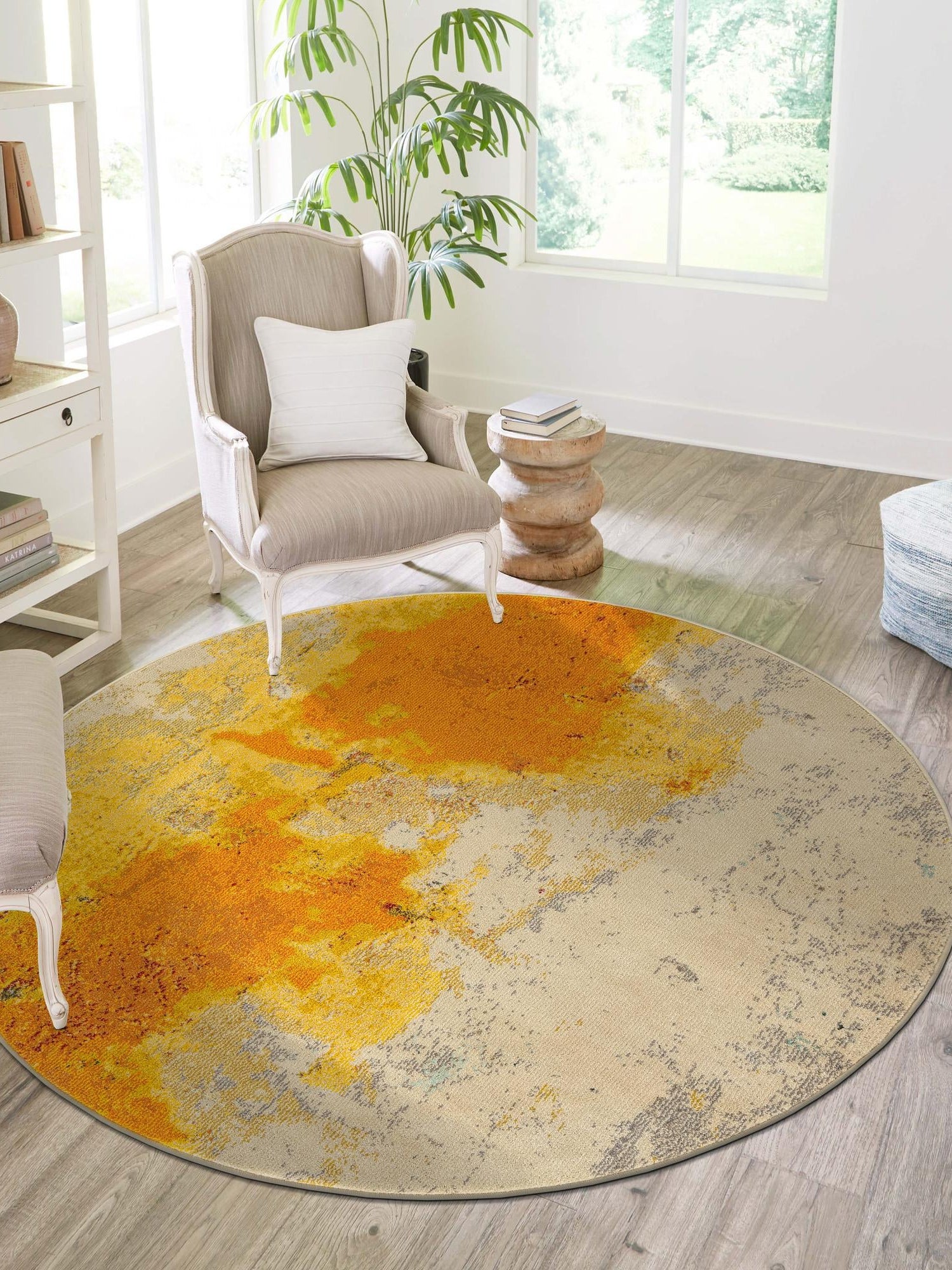 Yellow 8' x 8' Estrella Round Area Rug 100% Polypropylene Non-Shedding Stain Resistant Carpet Colorful Modern Abstract Design Easy Clean for Home Decor for Sale at Rug Engine