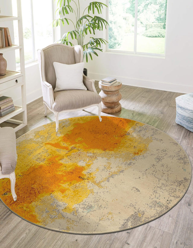 Yellow 8' x 8' Estrella Round Area Rug 100% Polypropylene Non-Shedding Stain Resistant Carpet Colorful Modern Abstract Design Easy Clean for Home Decor for Sale at Rug Engine