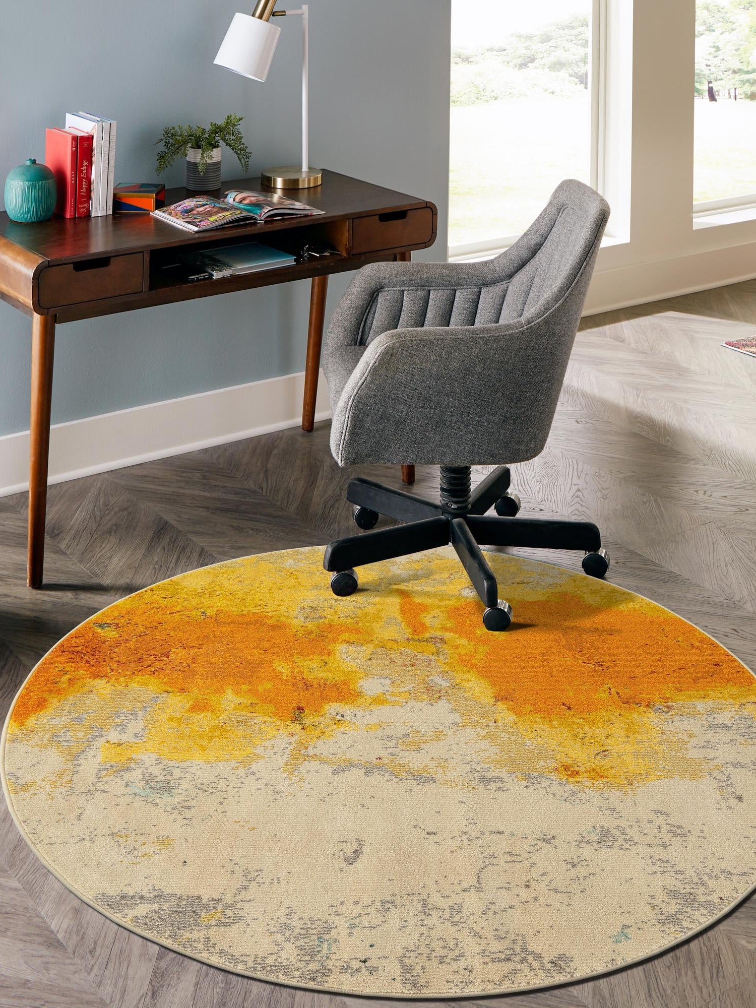 Yellow 8' x 8' Estrella Round Area Rug 100% Polypropylene Non-Shedding Stain Resistant Carpet Colorful Modern Abstract Design Easy Clean for Home Decor for Sale at Rug Engine