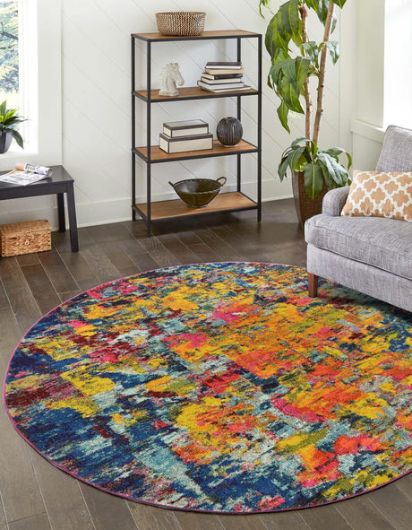 Multicolor 8' x 8' Estrella Round Area Rug 100% Polypropylene Non-Shedding Stain Resistant Carpet Colorful Modern Abstract Design Easy Clean for Home Decor for Sale at Rug Engine