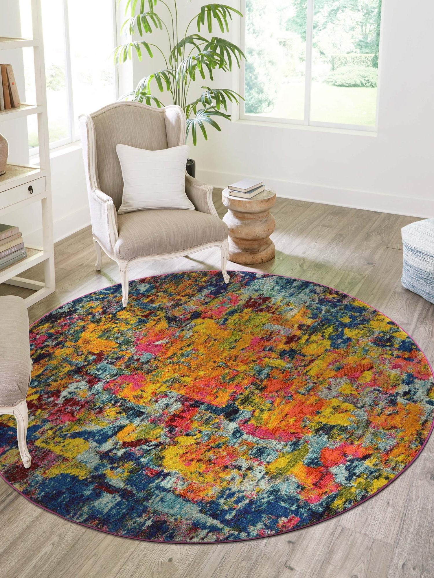 Multicolor 6' 1 x 6' 1 Estrella Round Area Rug 100% Polypropylene Non-Shedding Stain Resistant Carpet Colorful Modern Abstract Design Easy Clean for Home Decor for Sale at Rug Engine