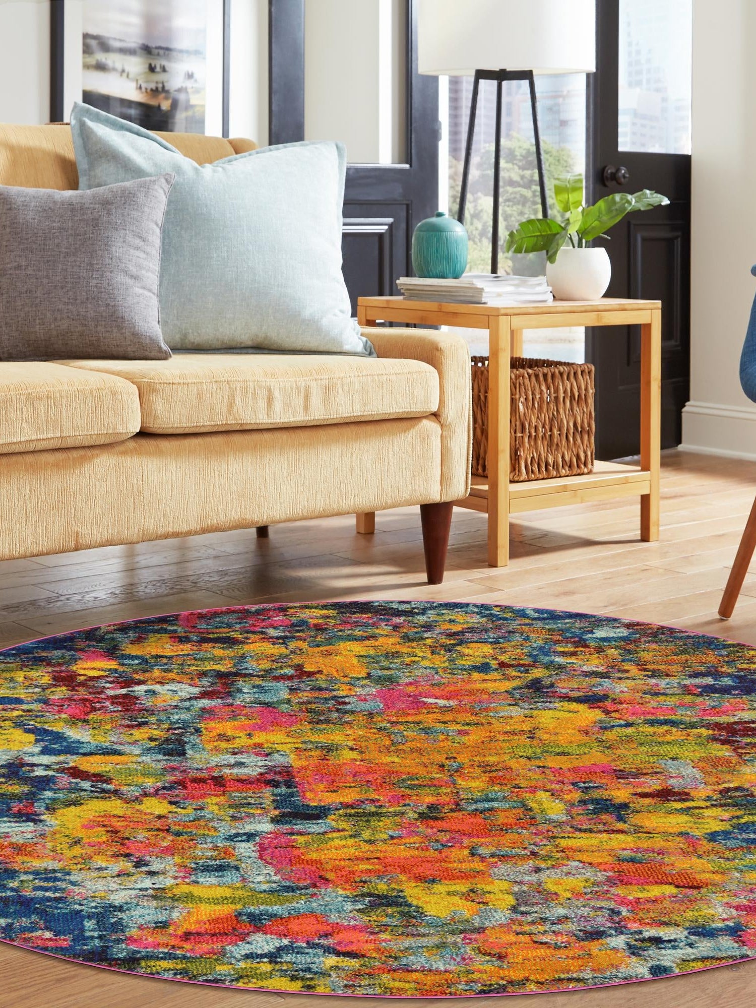 Multicolor 8' x 8' Estrella Round Area Rug 100% Polypropylene Non-Shedding Stain Resistant Carpet Colorful Modern Abstract Design Easy Clean for Home Decor for Sale at Rug Engine