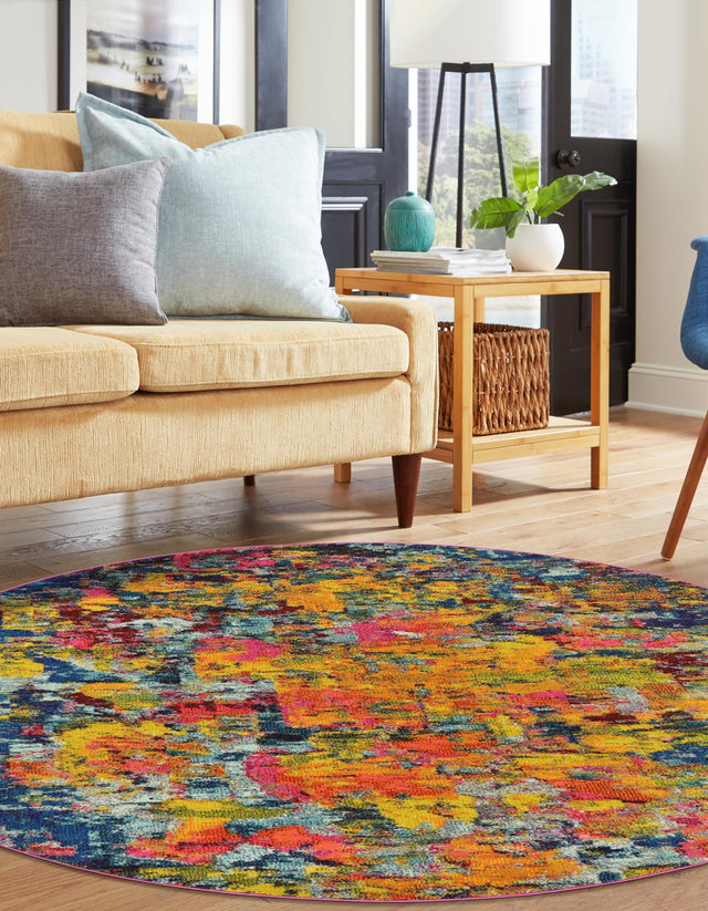 Multicolor 8' x 8' Estrella Round Area Rug 100% Polypropylene Non-Shedding Stain Resistant Carpet Colorful Modern Abstract Design Easy Clean for Home Decor for Sale at Rug Engine