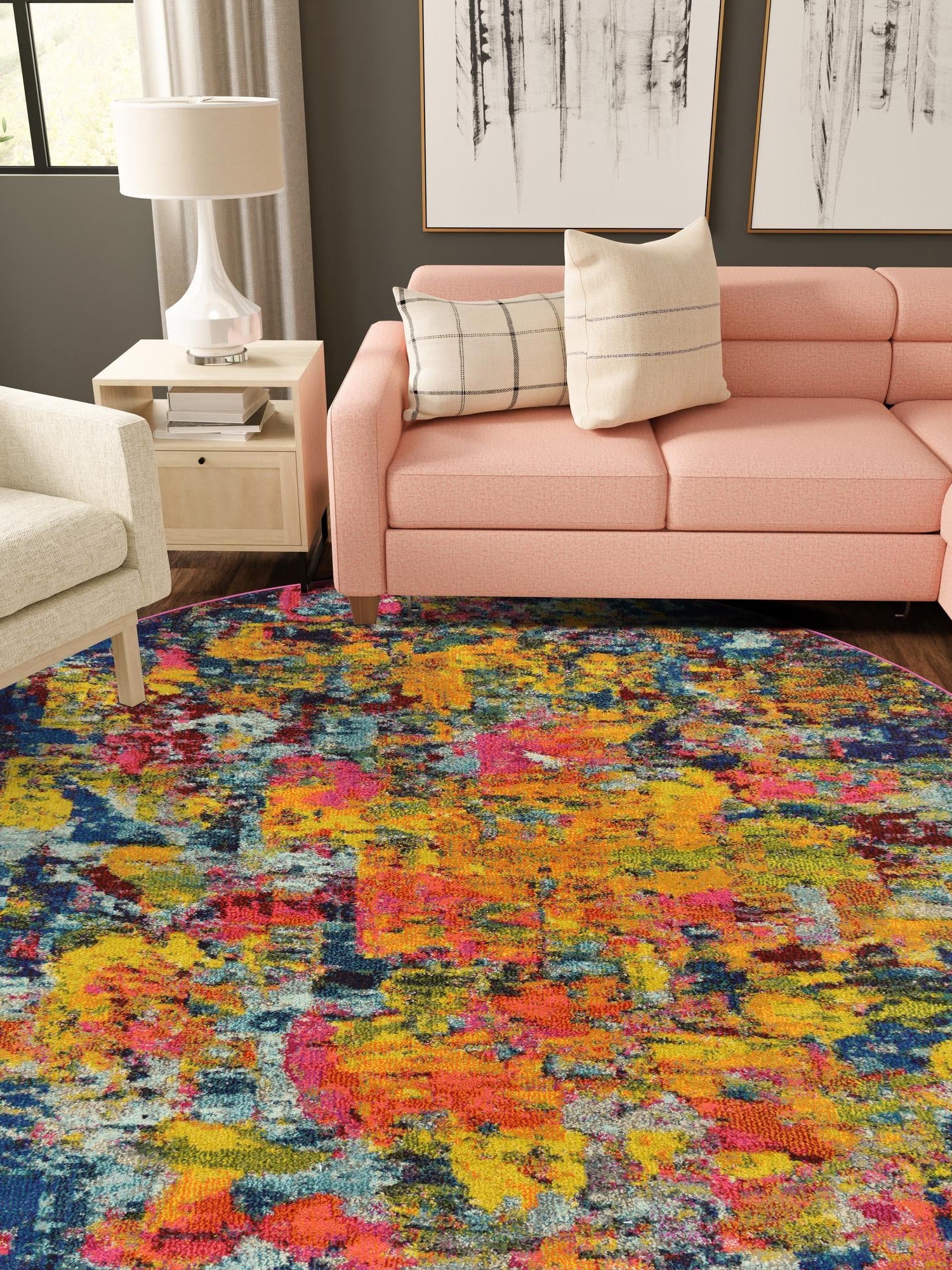 Multicolor 8' x 8' Estrella Round Area Rug 100% Polypropylene Non-Shedding Stain Resistant Carpet Colorful Modern Abstract Design Easy Clean for Home Decor for Sale at Rug Engine