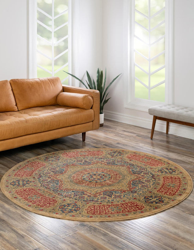 Beige 8' x 8' Palace Round Area Rug