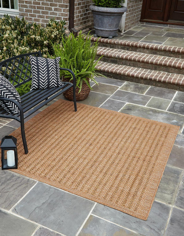 Light Brown 6' 1 x 6' 1 Outdoor Border Square Area Rug Weather Resistant for Patio, Deck, Terrace, Balcony, Porch 100% Polypropylene Classic Bordered Carpet for Sale at Rug Engine