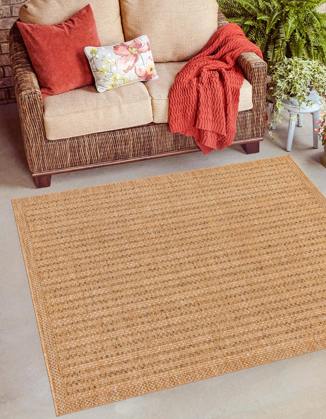 Light Brown 5' 3 x 5' 3 Outdoor Border Square Area Rug Weather Resistant for Patio, Deck, Terrace, Balcony, Porch 100% Polypropylene Classic Bordered Carpet for Sale at Rug Engine