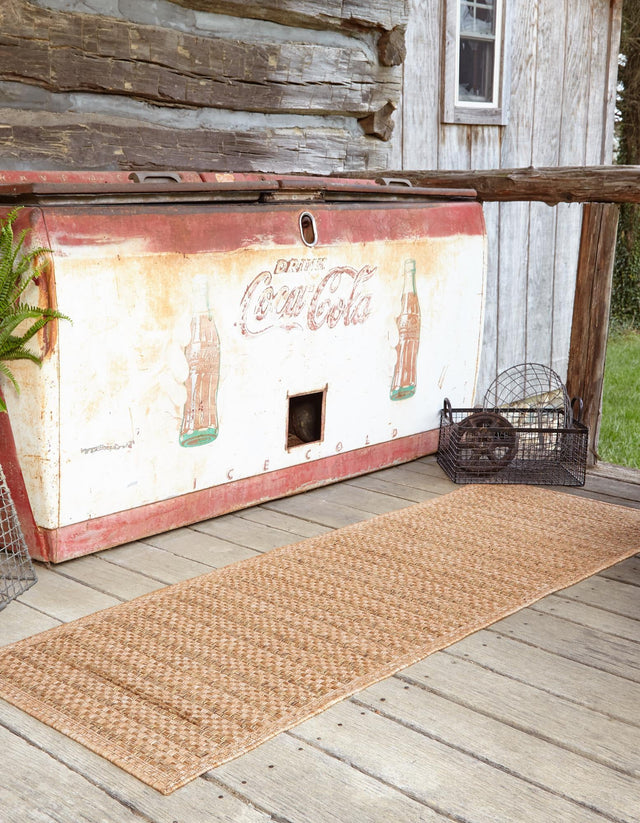 Light Brown 2' 2 x 6' 1 Outdoor Border Runner Area Rug Weather Resistant for Patio, Deck, Terrace, Balcony, Porch 100% Polypropylene Classic Bordered Carpet for Sale at Rug Engine