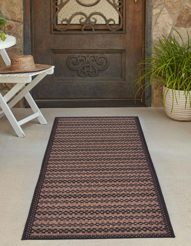 Brown 2' 2 x 6' Outdoor Border Runner Area Rug Weather Resistant for Patio, Deck, Terrace, Balcony, Porch 100% Polypropylene Classic Bordered Carpet for Sale at Rug Engine