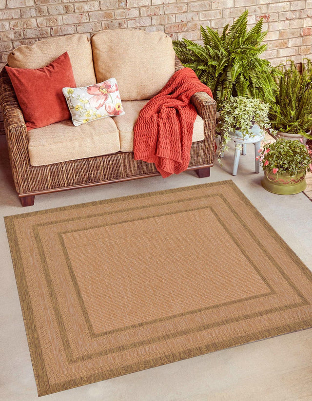 Tan 6' 1 x 6' 1 Outdoor Border Square Area Rug Weather Resistant for Patio, Deck, Terrace, Balcony, Porch 100% Polypropylene Classic Bordered Carpet for Sale at Rug Engine