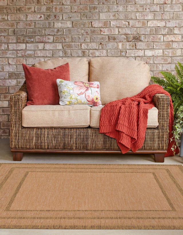 Tan 6' 1 x 6' 1 Outdoor Border Square Area Rug Weather Resistant for Patio, Deck, Terrace, Balcony, Porch 100% Polypropylene Classic Bordered Carpet for Sale at Rug Engine