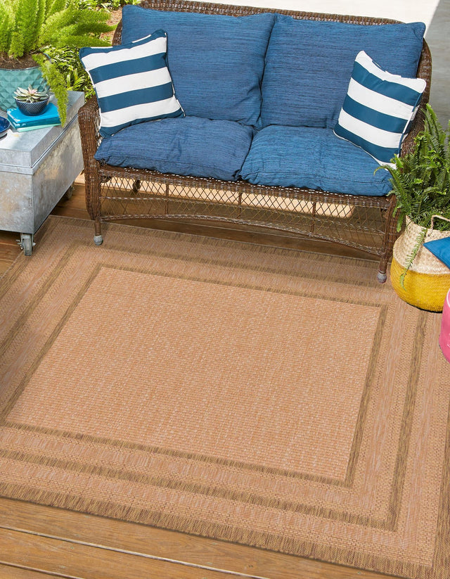 Tan 6' 1 x 6' 1 Outdoor Border Square Area Rug Weather Resistant for Patio, Deck, Terrace, Balcony, Porch 100% Polypropylene Classic Bordered Carpet for Sale at Rug Engine