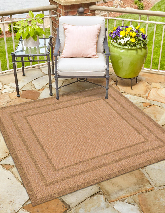 Tan 6' 1 x 6' 1 Outdoor Border Square Area Rug Weather Resistant for Patio, Deck, Terrace, Balcony, Porch 100% Polypropylene Classic Bordered Carpet for Sale at Rug Engine