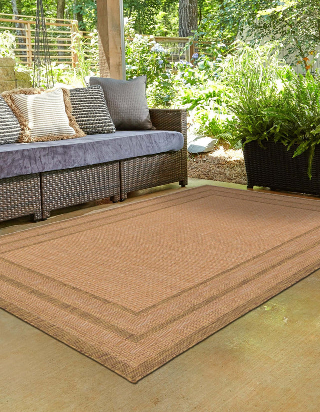 Tan 4' 1 x 6' 1 Outdoor Border Rectangle Area Rug Weather Resistant for Patio, Deck, Terrace, Balcony, Porch