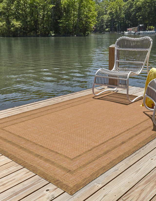 Tan 4' 1 x 6' 1 Outdoor Border Rectangle Area Rug Weather Resistant for Patio, Deck, Terrace, Balcony, Porch