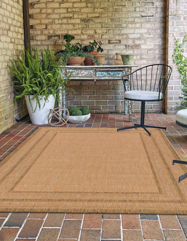 Tan 4' 1 x 6' 1 Outdoor Border Rectangle Area Rug Weather Resistant for Patio, Deck, Terrace, Balcony, Porch