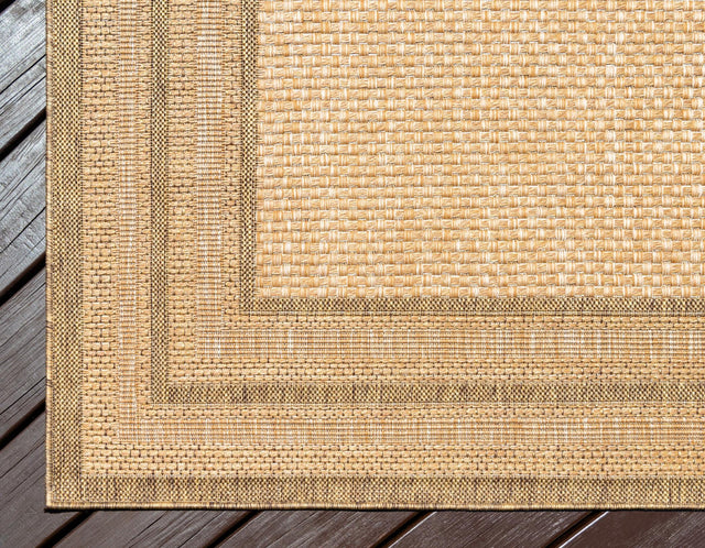 Tan 5' 3 x 8' Outdoor Border Rectangle Area Rug Weather Resistant for Patio, Deck, Terrace, Balcony, Porch 100% Polypropylene Classic Bordered Carpet for Sale at Rug Engine
