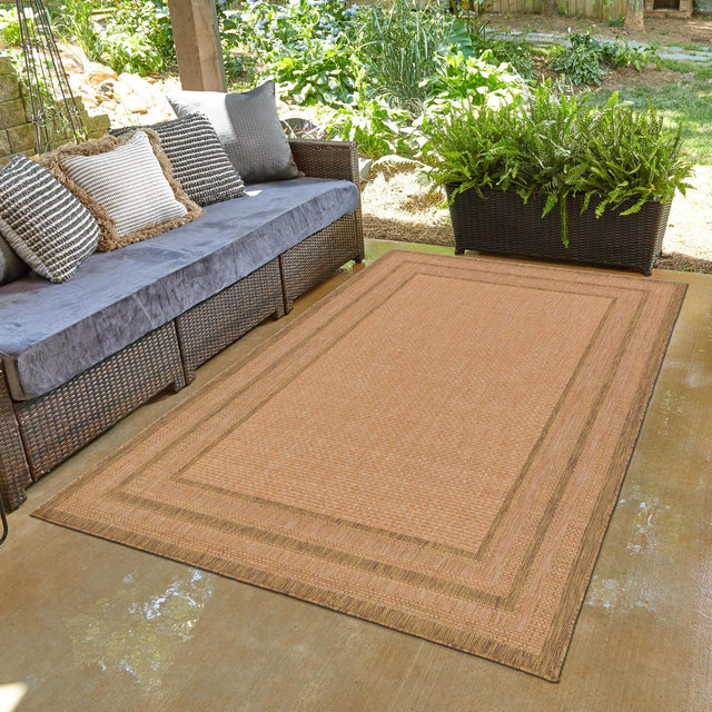 Tan 5' 3 x 8' Outdoor Border Rectangle Area Rug Weather Resistant for Patio, Deck, Terrace, Balcony, Porch 100% Polypropylene Classic Bordered Carpet for Sale at Rug Engine