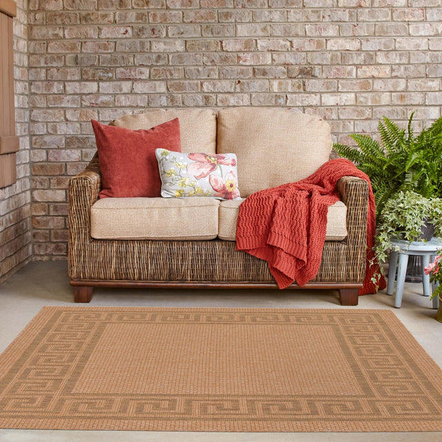 Light Brown 6' 1 x 6' 1 Outdoor Border Square Area Rug Weather Resistant for Patio, Deck, Terrace, Balcony, Porch 100% Polypropylene Classic Bordered Carpet for Sale at Rug Engine