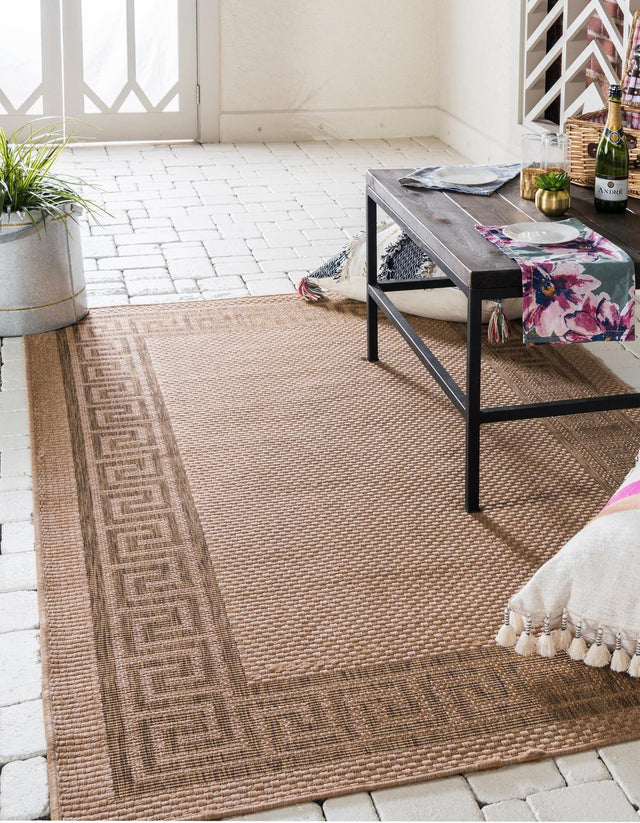 Light Brown 9' x 12' 2 Outdoor Border Rectangle Area Rug Weather Resistant for Patio, Deck, Terrace, Balcony, Porch 100% Polypropylene Classic Bordered Carpet for Sale at Rug Engine