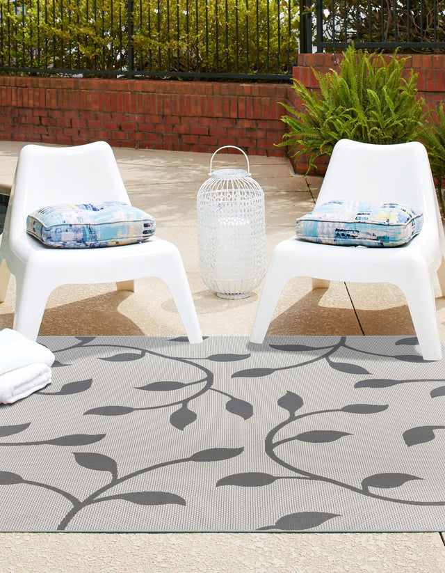 Gray 6' 1 x 6' 1 Outdoor Botanical Square Area Rug Weather Resistant for Patio, Deck, Terrace, Balcony, Porch Polypropylene Garden Floral Tropical Carpet for Sale at Rug Engine