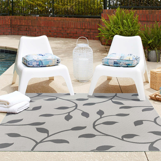 Gray 6' 1 x 6' 1 Outdoor Botanical Square Area Rug Weather Resistant for Patio, Deck, Terrace, Balcony, Porch Polypropylene Garden Floral Tropical Carpet for Sale at Rug Engine