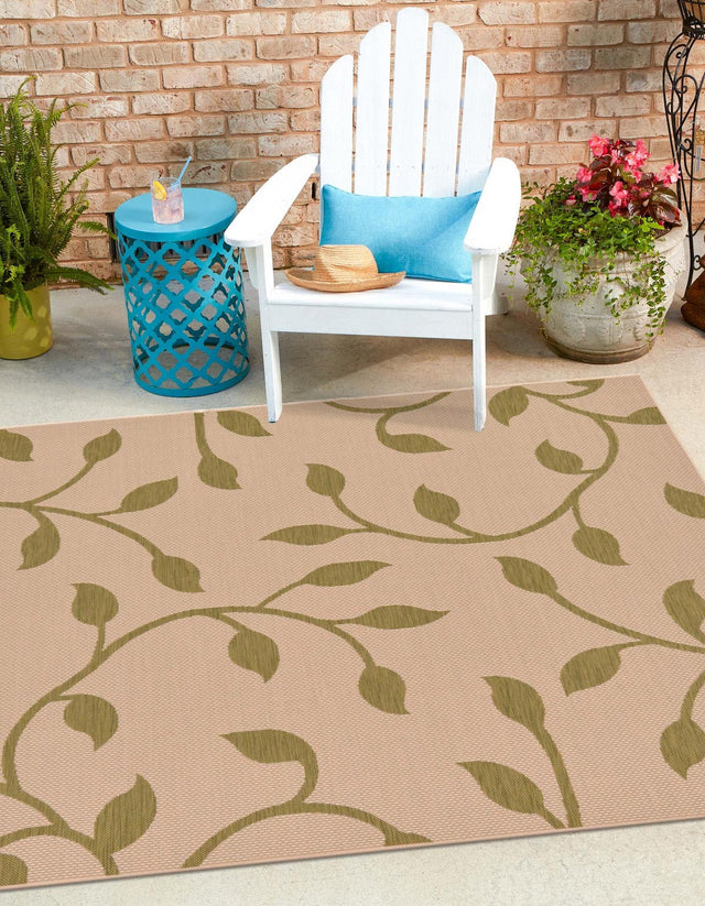 Beige 6' 1 x 6' 1 Outdoor Botanical Square Area Rug Weather Resistant for Patio, Deck, Terrace, Balcony, Porch Polypropylene Garden Floral Tropical Carpet for Sale at Rug Engine
