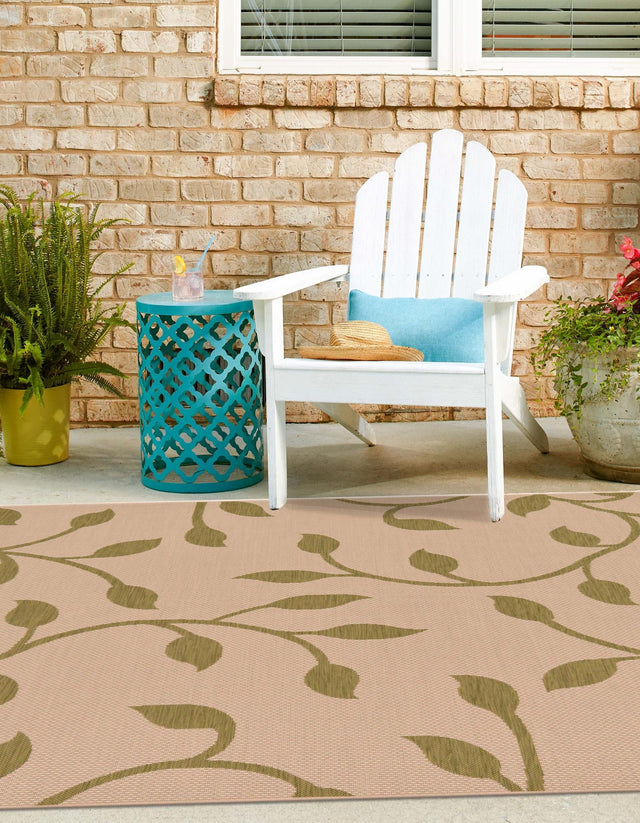 Beige 6' 1 x 6' 1 Outdoor Botanical Square Area Rug Weather Resistant for Patio, Deck, Terrace, Balcony, Porch Polypropylene Garden Floral Tropical Carpet for Sale at Rug Engine