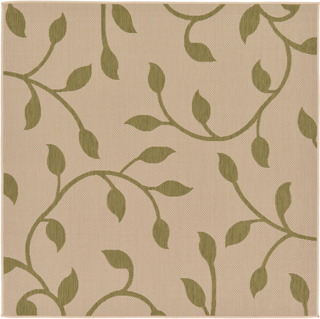 Beige 6' 1 x 6' 1 Outdoor Botanical Square Area Rug Weather Resistant for Patio, Deck, Terrace, Balcony, Porch Polypropylene Garden Floral Tropical Carpet for Sale at Rug Engine