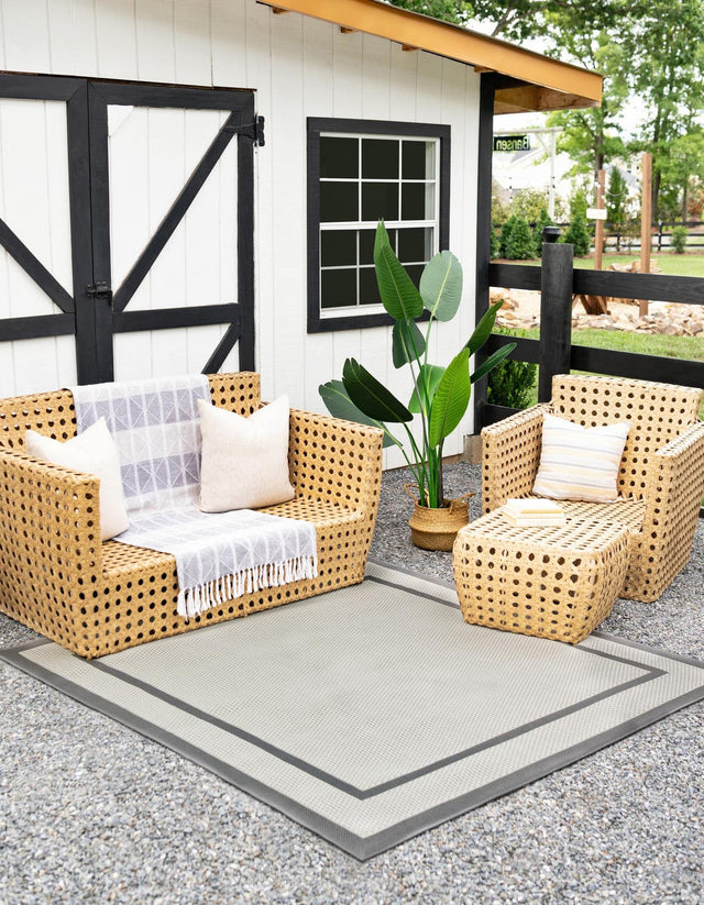 Gray 6' 1 x 6' 1 Outdoor Border Square Area Rug Weather Resistant for Patio, Deck, Terrace, Balcony, Porch 100% Polypropylene Classic Bordered Carpet for Sale at Rug Engine