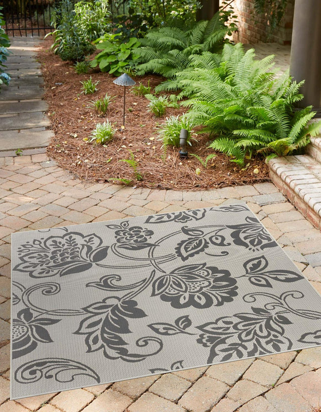 Gray 6' 1 x 6' 1 Outdoor Botanical Square Area Rug Weather Resistant for Patio, Deck, Terrace, Balcony, Porch