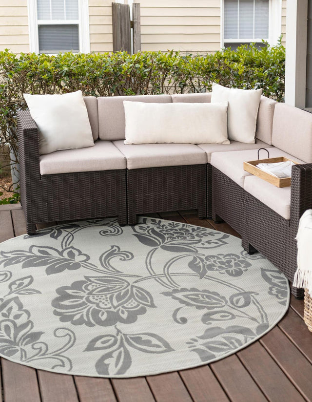 Gray 6' 1 x 6' 1 Outdoor Botanical Round Area Rug Weather Resistant for Patio, Deck, Terrace, Balcony, Porch Polypropylene Garden Floral Tropical Carpet for Sale at Rug Engine