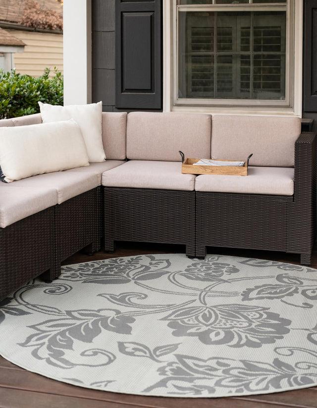 Gray 6' 1 x 6' 1 Outdoor Botanical Round Area Rug Weather Resistant for Patio, Deck, Terrace, Balcony, Porch Polypropylene Garden Floral Tropical Carpet for Sale at Rug Engine