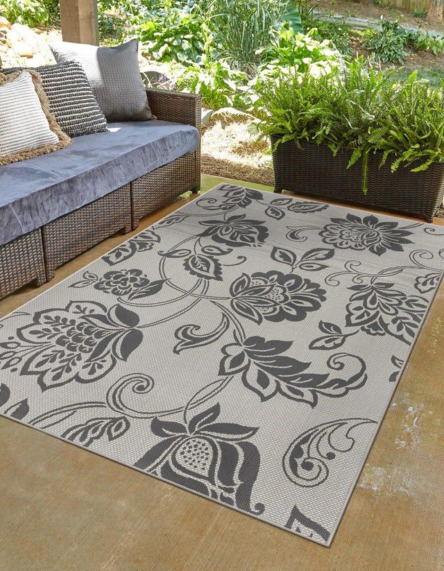 Gray 5' 3 x 8' Outdoor Botanical Rectangle Area Rug Weather Resistant for Patio, Deck, Terrace, Balcony, Porch Polypropylene Garden Floral Tropical Carpet for Sale at Rug Engine