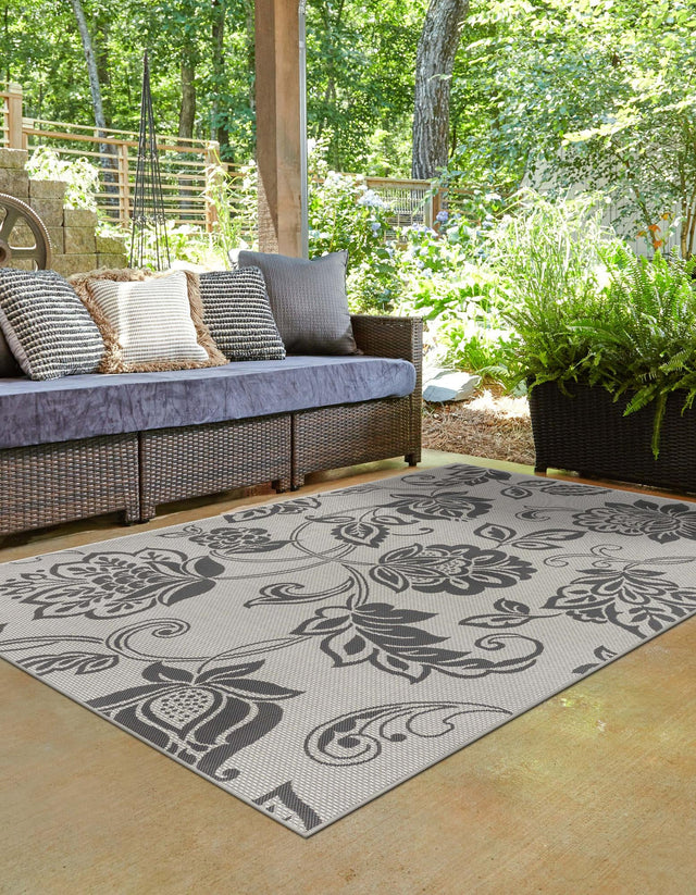 Gray 5' 3 x 8' Outdoor Botanical Rectangle Area Rug Weather Resistant for Patio, Deck, Terrace, Balcony, Porch Polypropylene Garden Floral Tropical Carpet for Sale at Rug Engine