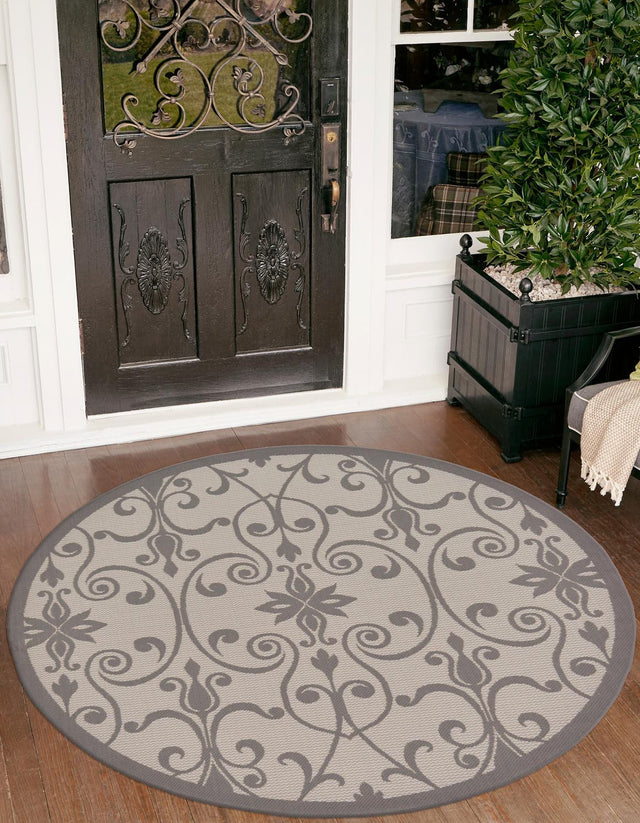 Gray 6' x 6' Outdoor Botanical Round Area Rug Weather Resistant for Patio, Deck, Terrace, Balcony, Porch Polypropylene Garden Floral Tropical Carpet for Sale at Rug Engine