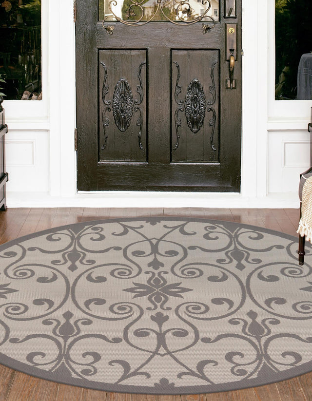 Gray 6' x 6' Outdoor Botanical Round Area Rug Weather Resistant for Patio, Deck, Terrace, Balcony, Porch Polypropylene Garden Floral Tropical Carpet for Sale at Rug Engine