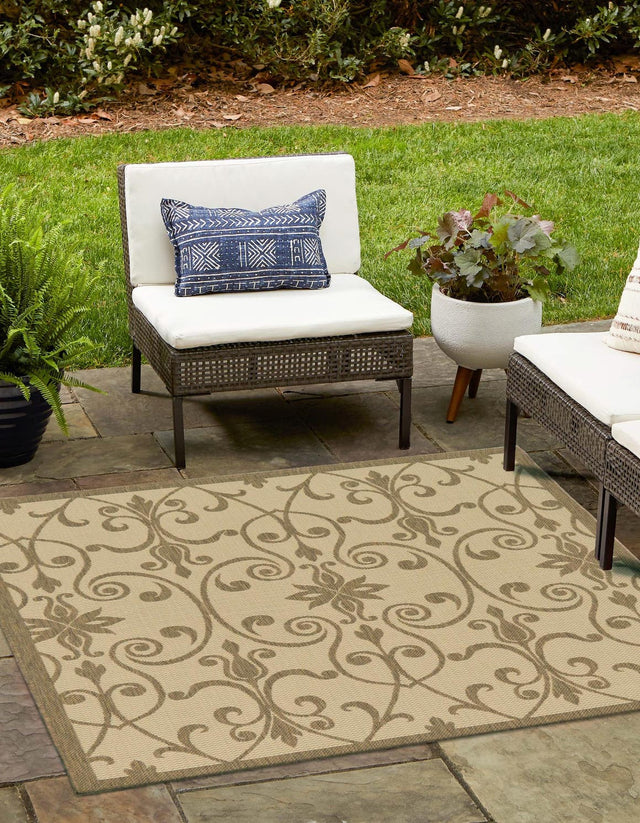 Brown 6' 1 x 6' 1 Outdoor Botanical Square Area Rug Weather Resistant for Patio, Deck, Terrace, Balcony, Porch Polypropylene Garden Floral Tropical Carpet for Sale at Rug Engine