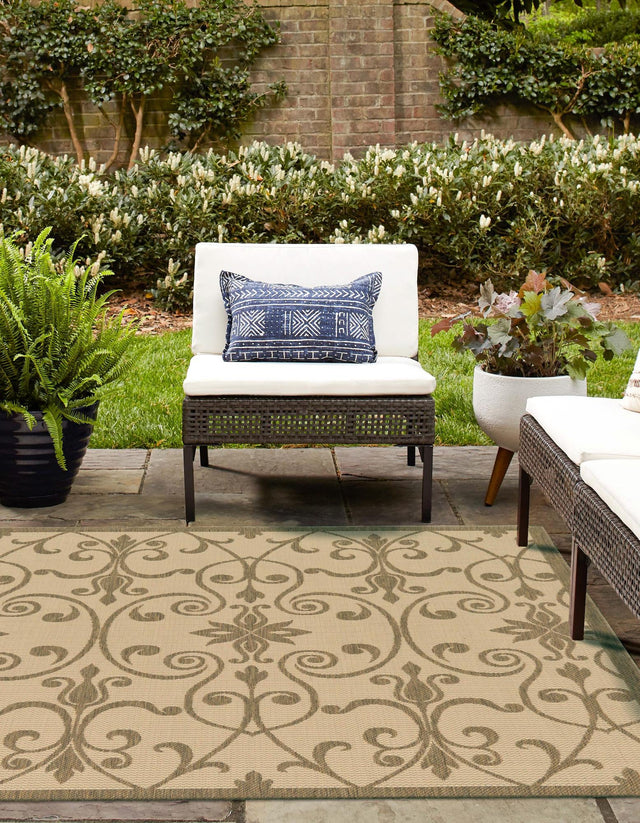 Brown 6' 1 x 6' 1 Outdoor Botanical Square Area Rug Weather Resistant for Patio, Deck, Terrace, Balcony, Porch Polypropylene Garden Floral Tropical Carpet for Sale at Rug Engine